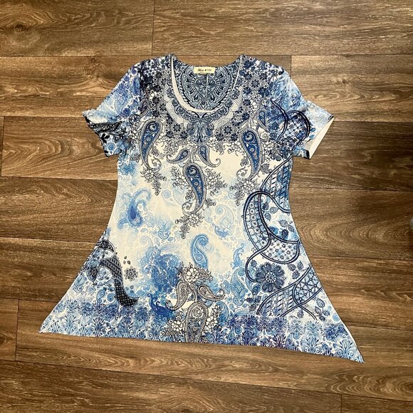 Blue Mood Rayon Long Short Sleeve Top (M) - Picture 12 of 12